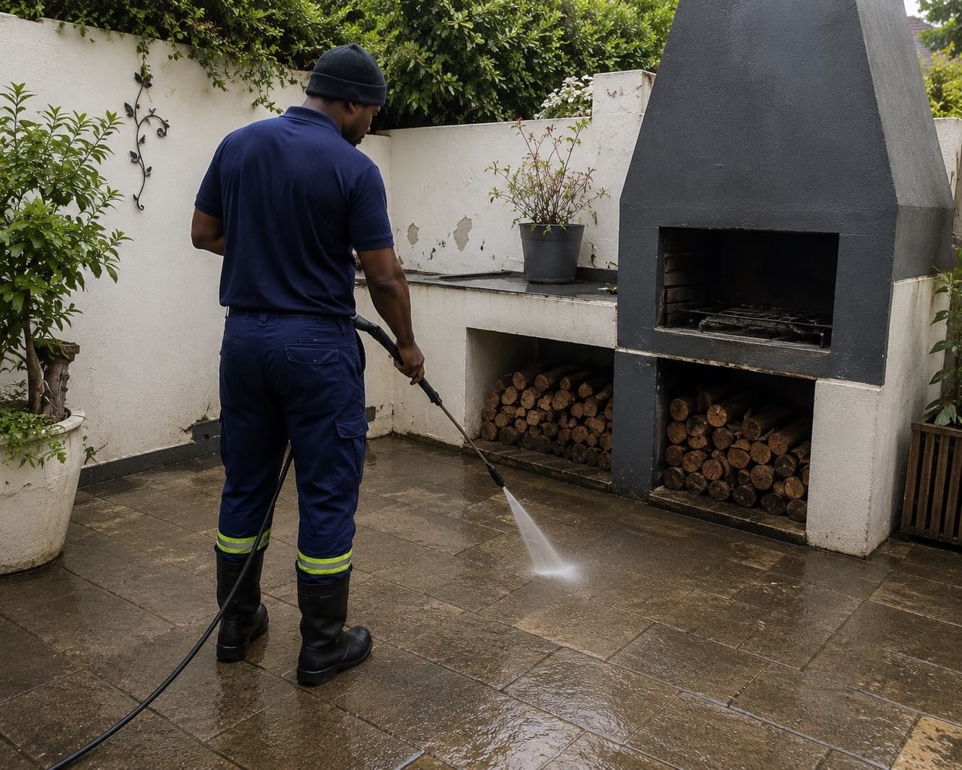 High-pressure washing of a paved outdoor surface