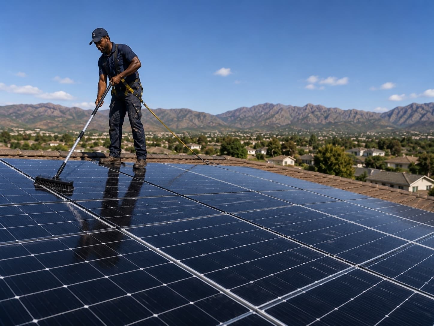Solar panels being cleaned on a Helderberg roof